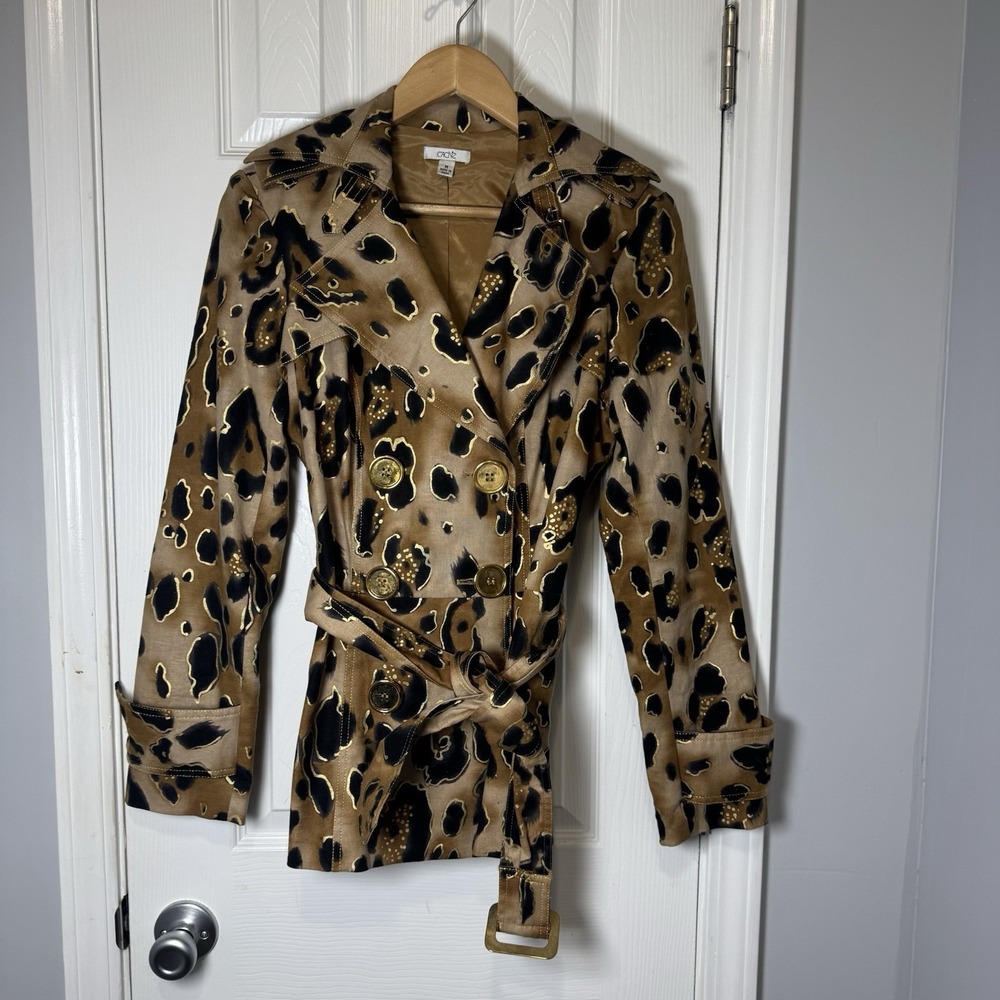 Cache Womens Brown Cotton Blend Leopard Print Double Breasted Trench Coat Medium